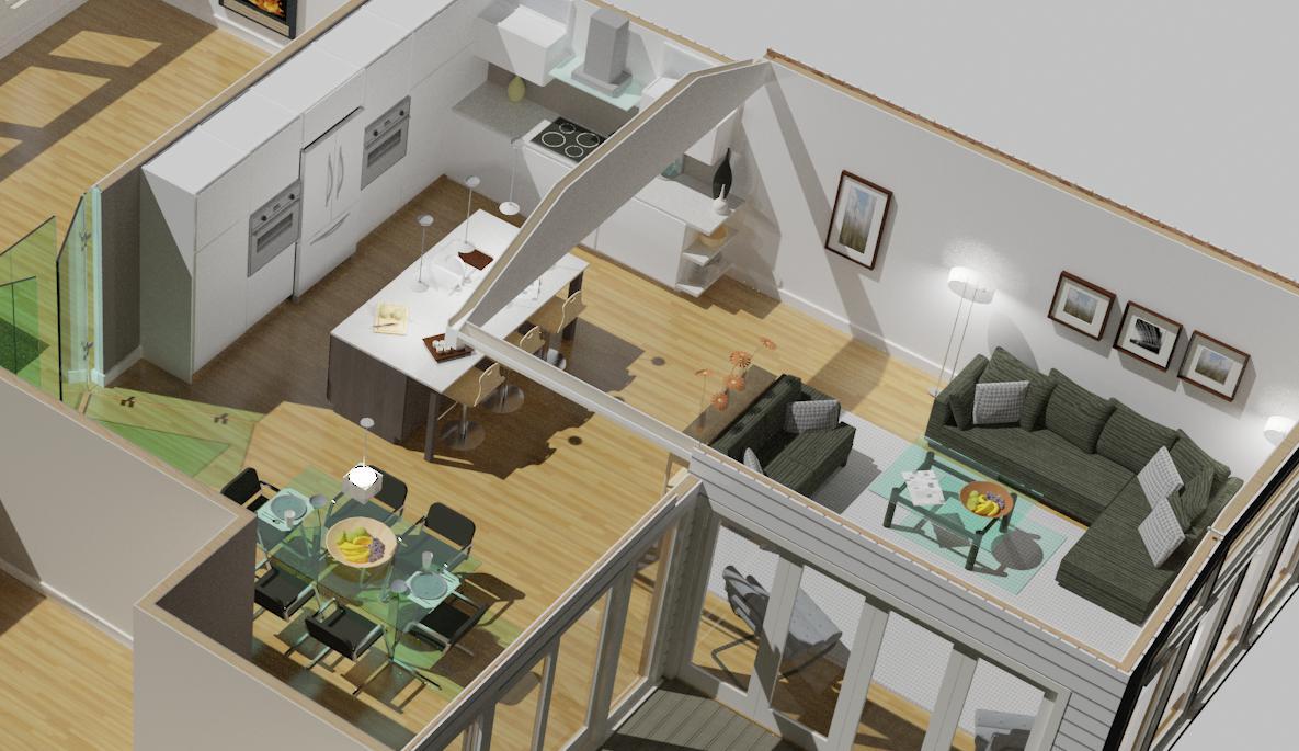 3D rendering of open-concept kitchen and living room renovation layout by PEGASUS Design-to-Build in Arlington, MA
