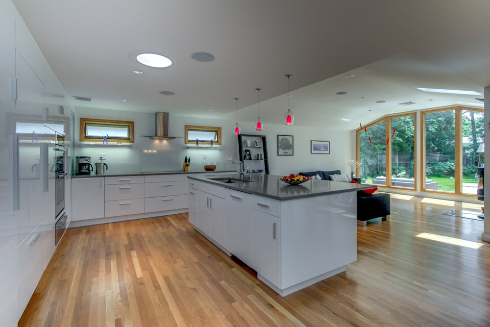 contemporary kitchen renovation with island and patio doors by PEGASUS Design-to-Build in Arlington, MA