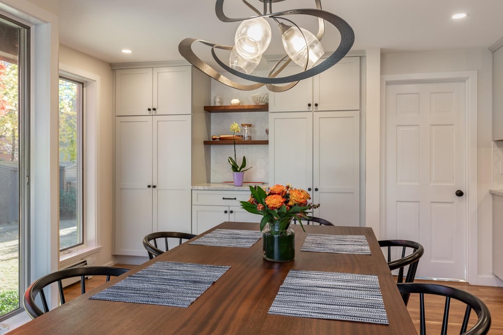 Custom cabinetry and modern chandelier in Winchester Kitchen remodel by PEGASUS Design-To-Build