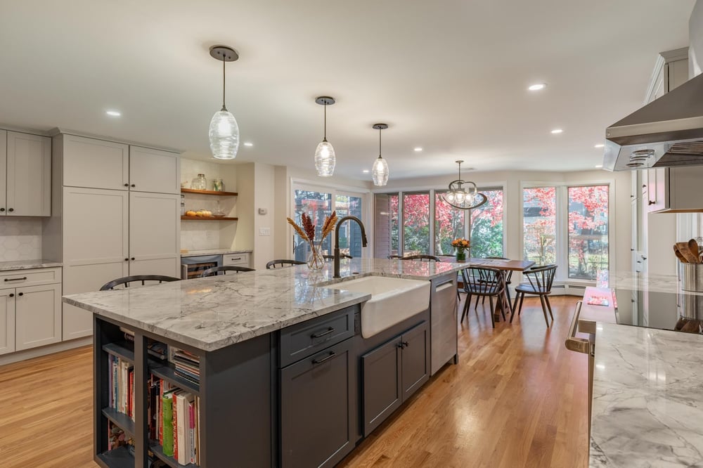 Winchester open kitchen remodel with built-in storage in oversized island by PEGASUS Design-To-Build Winchester open kitchen remodel with built-in storage in oversized island by PEGASUS Design-To-Build