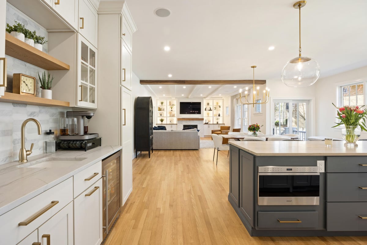 detailed kitchen view with cabinetry and beverage center by PEGASUS Design-to-Build in Lexington, MA