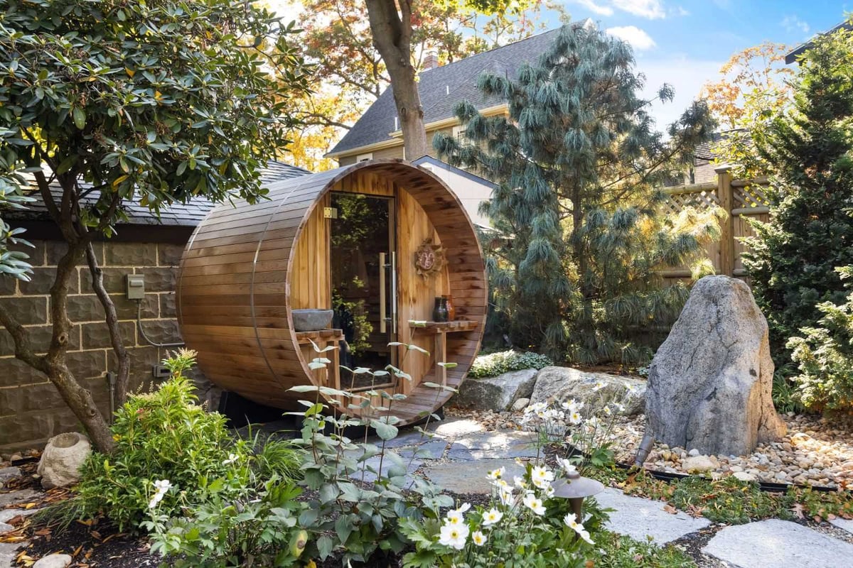 Backyard sauna structure within landscaped garden by PEGASUS Design-to-Build in Melrose, MA kitchen and addition renovation-optimized