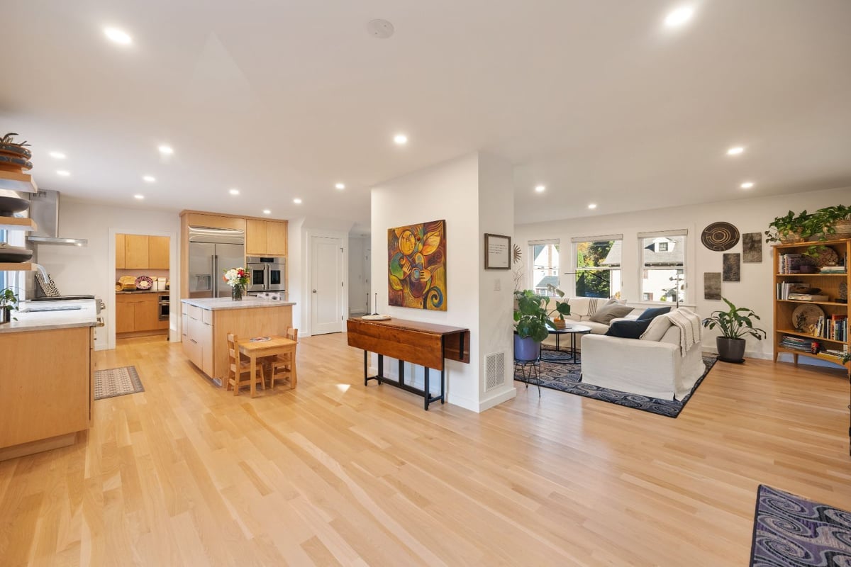 Wide view of open kitchen and living room addition by PEGASUS Design-to-Build in Melrose, MA kitchen and addition renovation-optimized
