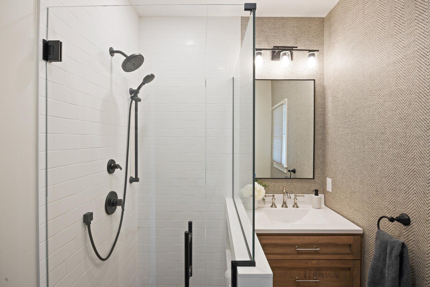 First-floor bathroom with a glass shower