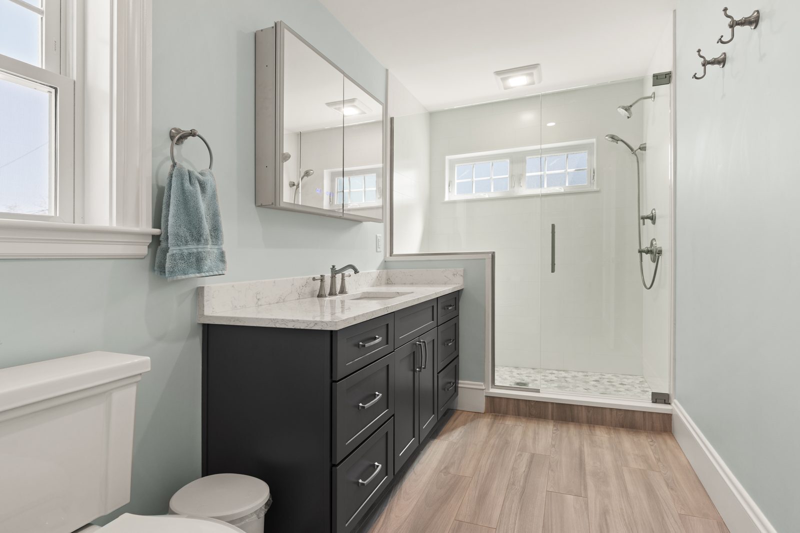 New primary bath with a glass walk-in shower