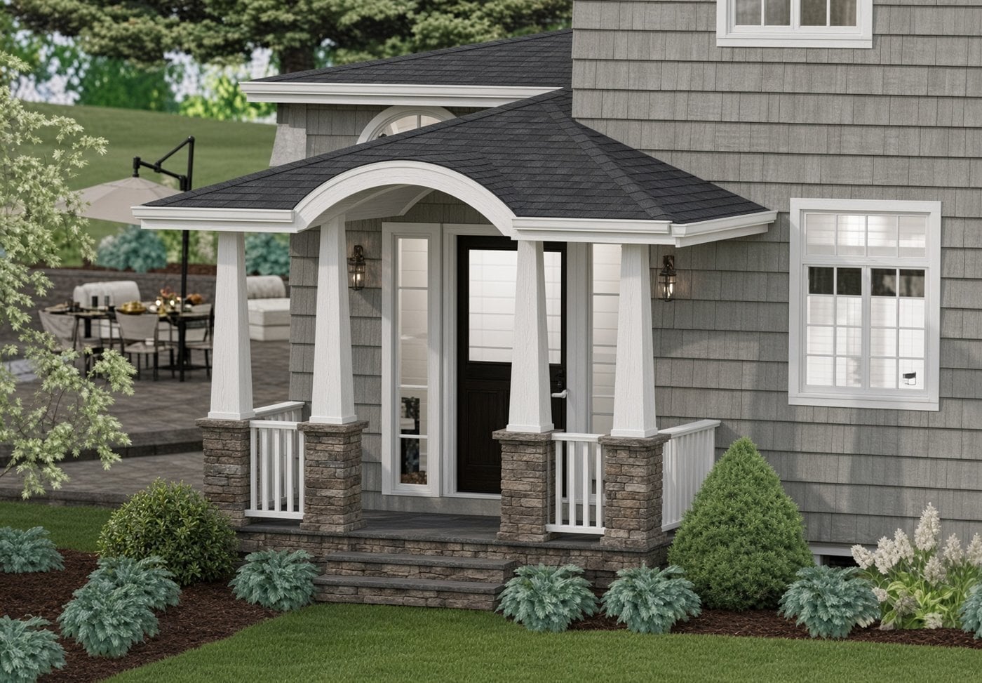 OUR DESIGN: Side entry: the old door under a low hip roof, and our design for the new covered porch with an arched header, square columns, stone piers and a door with sidelights.